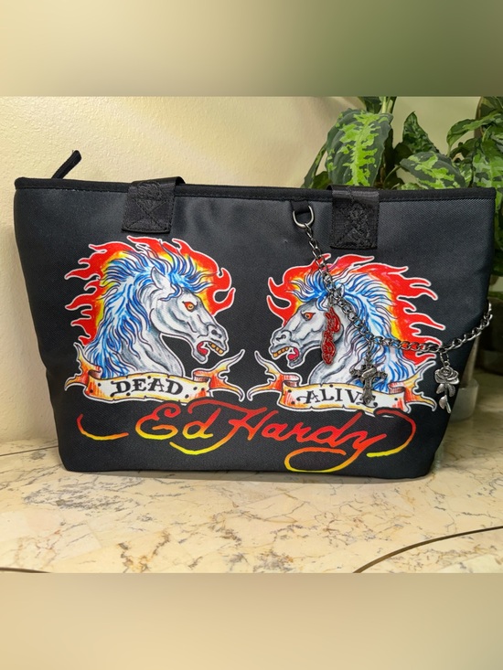 Ed Hardy Handbags - Ed Hardy Black Duffel with Horse Graphics